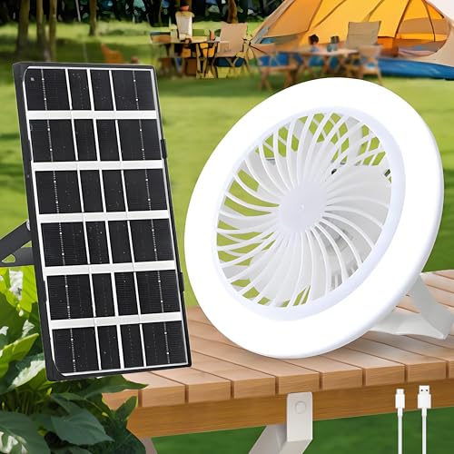 Ventilador de techo solar con iluminación, giratorio 180°, LED, batería, lámpara de techo con ventilador, 3 marchas, portátil, camping, ventilador de techo, regulable, silencioso ventilador solar con