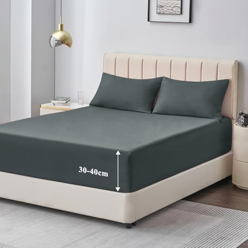 Aisbo Spannbettlaken 200x200cm Bettlaken Boxspringbett - Bett Laken Grau 200x200 aus Premium Mikrofaser, weiches Spannbetttuch 200 x 200 Anthrazit Steghöhe 40cm für Wasserbett Bed Fitted Sheet
