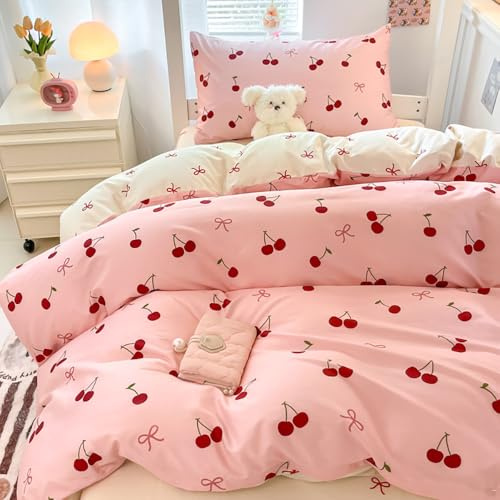 Bettwäsche 135x200 Mädchen Rosa Rot Kirschen Schleifen + Kissenbezug 80x80 | Bettwäsche Set 2 Teilig, Kinder, Kawaii, Kirsche, Pink Schleifenmuster, Aesthetic, ÖKO-TEX, Microfaser, Reißverschluss