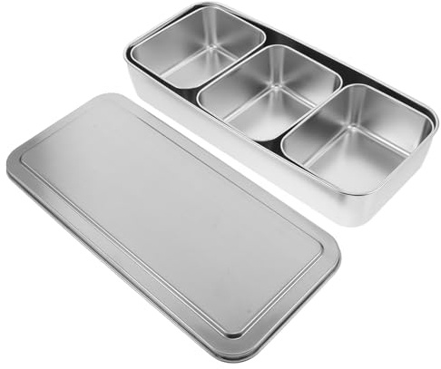 Veemoon Boîte à Condiments en Acier Inoxydable Argenté, Couvercle Sécurisé | Multi-compartiment, Facile à Nettoyer et Résistant à Rouille, Plaque Japonaise avec Grille