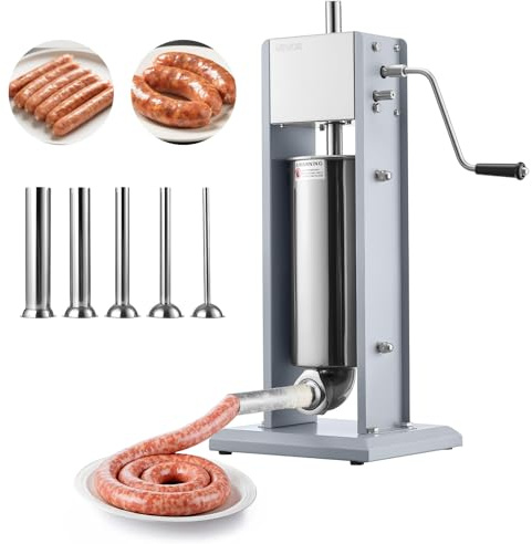 VEVOR Manual Sausage Stuffer, 11 LBS / 5 L Vertical Meat Stuffer, Heavy Duty Sausage Casing Meat Stuffing Machine, Dual-Speed Stainless Steel Filler with 5 Filling Tubes, for Commercial and Home Use