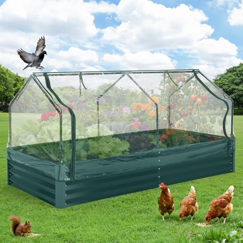 Garvee Raised Garden Bed with Greenhouse, 2 in 1 Galvanized Metal Rectangular Planter Box with Cover & Roll-up Windows, Steel Planter Box for Flowers, Vegetables, Fruits and Herbs, 180x90x30cm