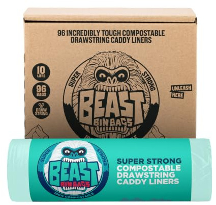 BEAST Bin Bags, 10L Compostable Drawstring, Home Composting Caddy (96 Bags) | Strong & Leak Resistant, Easy Drawstring Closure, Ideal for Kitchen Caddies & Food Waste