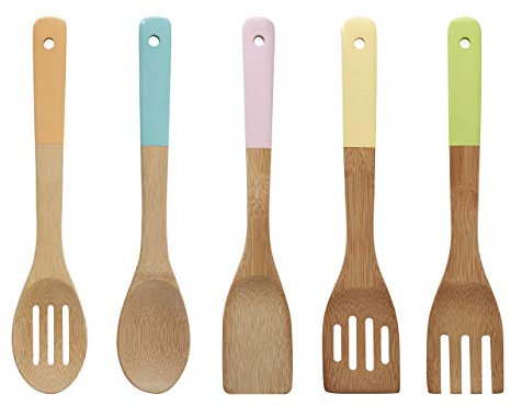 Premier Housewares 0805460 Kitchen Utensil Set, Pastel Handles 5 Piece, Bamboo, Multi/Coloured