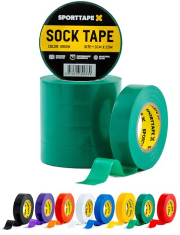SPORTTAPE Sock Tape - 6 Rolls, Green - 1.9cm x 20m, PVC Insulating Tape | Football, Soccer & Rugby - Holds up Football Socks, Shin Pads & Shin Guards | Secures Lifting Blocks, Boots & Ear Taping