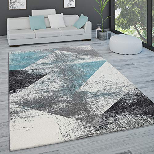 Paco Home Teppich Wohnzimmer Schlafzimmer Kurzflor Vintage Optik Modern Pastell Rautenmuster Abstrakt, Grösse:80x150 cm, Farbe:Türkis