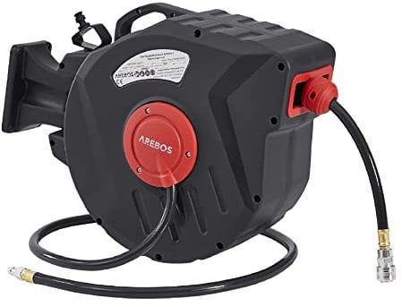Arebos Druckluftschlauch Aufroller | Automatik Schlauch Aufroller | Wandhalterung | 1/4 Zoll Schnellkupplung | UV-beständig | 180° Schwenkbar | inkl. Montagehalter | 20 m