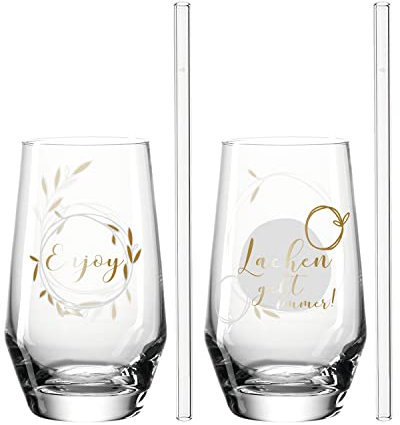 Leonardo Presente 029182 Lot de 4 verres à eau, lavables au lave-vaisselle, avec gravure et paille, motif Enjoy Saft-Glas 365 ml