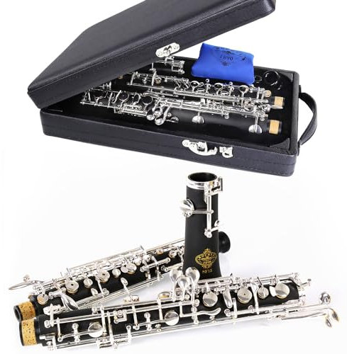 Rochix Oboe Anfänger Student Level SF15 Composite Wood Body versilbert, vollautomatischer C-Ton mit 1 Blättern, 1 Reinigungstuch, 1 Oboe-Tupfer, 1 Daumenauflage, 1 Etui und mehr