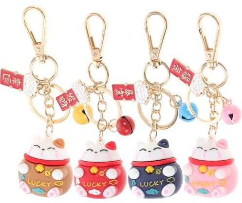 ABOOFAN Lot de 4 Porte-clés en Forme de Chat Porte-Bonheur avec clochettes - Porte-clé Maneki Beckoning Neko pour Sac à Main, Sac à Dos, téléphone, Sac à Main, Cadeau Amusant