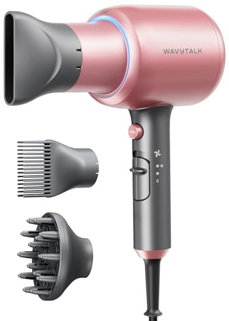 Wavytalk Hair Dryer, Blown Away Ionic Hair Dryer for Curly Hair with Diffuser, 1875W Fast Drying Blow Dryer with Ceramic Technology, 3 Attachments for All Hair Types, Light and Quiet, Rose Gold