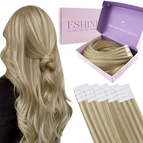 Fshine Tape in Extensions Echthaar 55cm 20 Stücke 50g Weich Haarverlängerungen Echthaar Extensions Tape Goldblond Highlights Hellblond Farbe 16P22