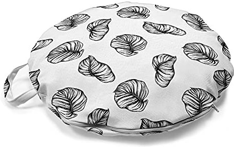 ABAKUHAUS Blätter Rundes Bodenkissen mit Griff, Philodendron Blätter- Motiv, dekoratives Kissen für Wohnzimmer & Schlafsäle, 45 cm, Charcoal Grau und Weiß