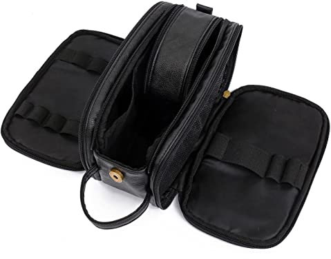 Vmokki Kulturtasche aus PU Leder Kulturbeutel mit 3 Fächern Nassfach Waschtasche Wasserabweisend Vintage Damen Herren für Reise Urlaub (Schwarz)