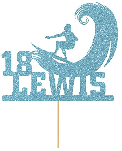 Personalised Surfer Wave Surfing Glitter Cake Topper Lt Blue Any Custom Age & Name Glitter Cake Decoration and Sprinkles - Happy Birthday Decorations - Personalised Toppers for Cakes by Cakeshop