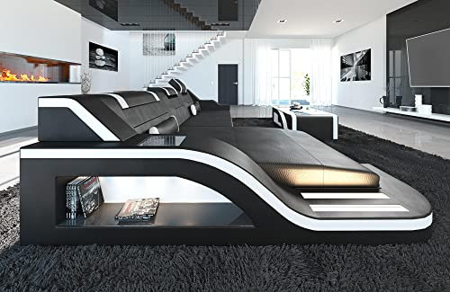 Ledersofa Palermo L Form Sofa - mit LED Beleuchtung, verstellbare Kopfstützen, Recamiere/Lederfarben wählbar/Ausrichtung wählbar (Ottomane Links, Schwarz-Weiß)