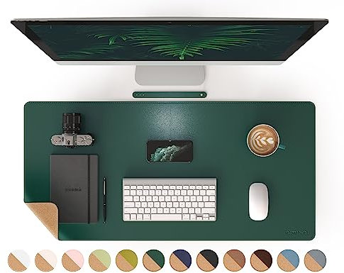 RENMTURE Dual-Sided Mouse Pad, Natural Cork & PU Leather Large Desk Pad for Office and Home Work, Desk Protector Non-Slip, Waterproof, Easy Clean (Dark Green, 36x17)