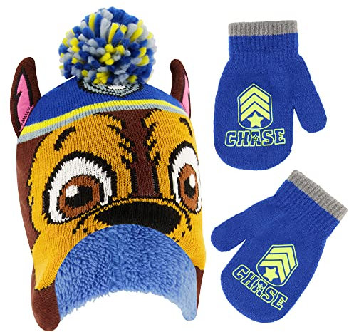 Nickelodeon Wintermütze und Fäustlinge für Jungen, Paw Patrol Chase Marshall, für Kleinkinder von 2–4 Jahren, Blau mit Fleece, 2-4 Jahre