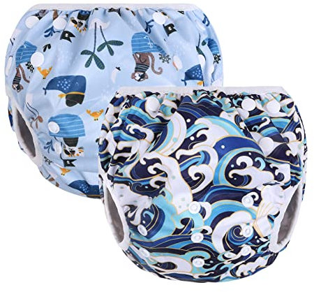 Vicloon Baby Schwimmhose(2-teilig),Schwimmwindel wiederverwendbar,Verstellbarer,Waschbar Schwimmwindel für Kleinkinder von 0 bis 3 Jahren -blaues Piratenschiff/Wellen