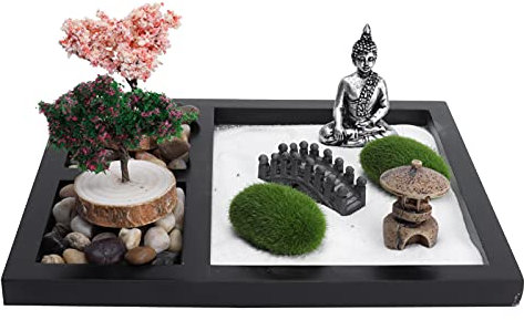 FIYO Japanischer Zen-Garten, Mini-Zen-Sandgarten-Set, Sandkasten-Tablett, Dekoration, japanischer Zen-Sand-Steingarten mit weißem Sandrechen, Werkzeuge, Buddha-Statue, Dekoration, Ornament