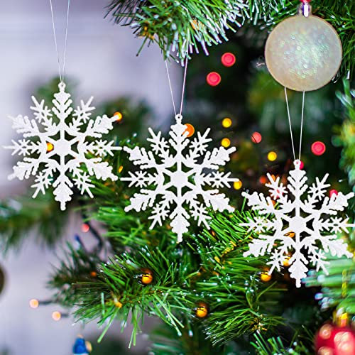 YIEUR 30 Stück Schneeflocken Weihnachten Weiß Deko Anhänger, 10cm Weihnachtsbaum Glitzer Schneeflocken Anhänger Plastik Weihnachtsbaumschmuck (Weiß-type1)