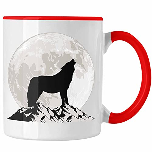 Trendation - Wolf Tasse Geschenk Wolf Im Mondlicht Geschenkidee Grafik (Rot)