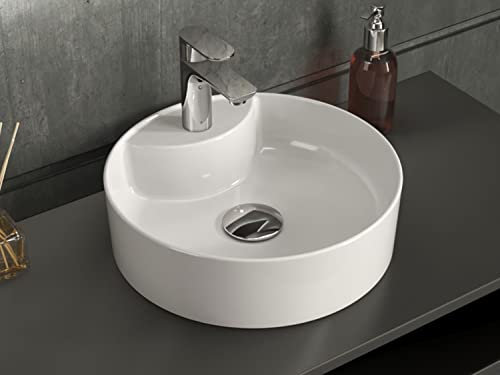 Aqua Bagno | Rundes Aufsatzwaschbecken mit Hahnloch weiß glänzend, Keramikbecken, Handwaschbecken | 42 cm breit