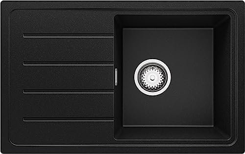 PRIMAGRAN Evier Cuisine en Granit Noir 70x44cm, Lavabo 1 bac + Kit de Vidage, Évier à Encastrer au meuble 45cm - Copenhague Easy