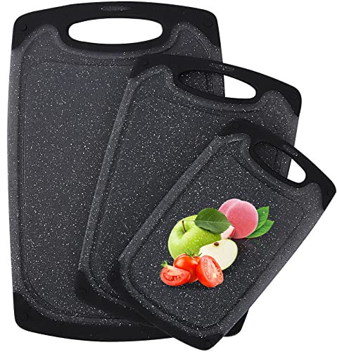 Set di 3 taglieri, tagliere effetto granito, scivolo con manici, tagliere in plastica, tagliere per la colazione lavabile in lavastoviglie (50 adesivi antiscivolo)
