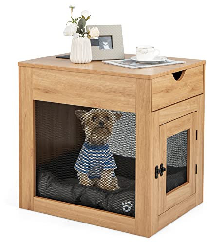 COSTWAY Wooden Dog Crate, Furniture Style Puppy Cage End Table with Wireless Charger, Drawer, Lockable Door and Soft Cushion, Indoor Pet Kennel for Small Dogs, 63 x 49 x 62cm (Natural)