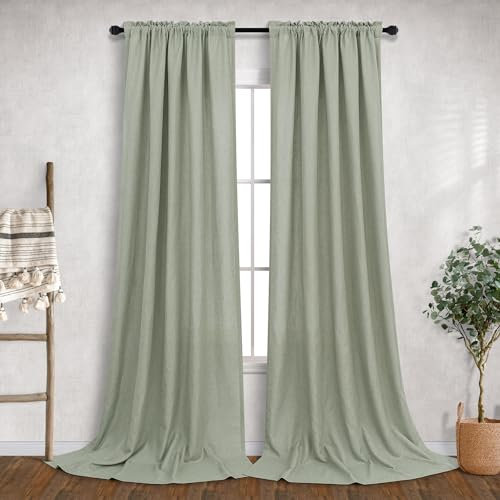 Mrs.Naturall Salbeigrüne Vorhänge 305 cm lang für Schlafzimmer, 2 Paneele mit Stangentasche, lichtfilternd, halbtransparent, Leinen, Wohnzimmer, Terrassentür, Boho Landhausdekor, 132 x 305 cm
