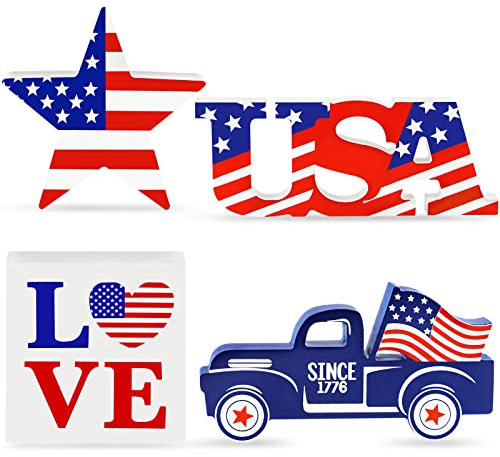 4. Juli Dekor, patriotische Dekorationen, Holzstern, USA, Liebe, Autoschild, 4 Stück, Tischdekoration, Gedenktag, Rot, Weiß und Blau