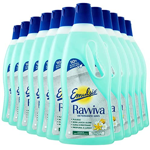 Emulsio Revive Gres - Limpiador de suelos para gres porcelana brillante u mate fórmula con agente antiredeposito protector, perfume de flores blancas y ylang-ylang de larga duración, 12 botellas de