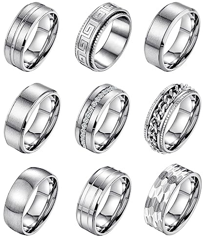 LOAYHOAY 9Pcs 8MM Stainless Steel Band Rings for Men Women Chain Rings Simple Brushed Wedding Engagement Rings Set 7-13 Silver Size10