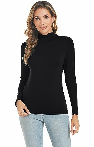 Famrrifuu Tee Shirt Femme Manches Longues Haut Col Montant Élégant Top Basique Léger Col Roulé T Shirt Blouse,Noir,L