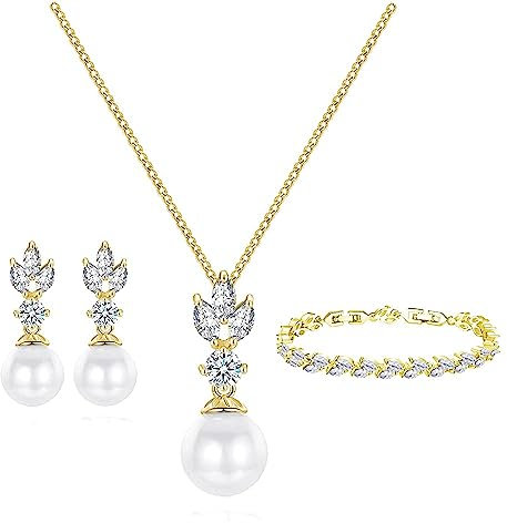 EPIRORA Wedding Jewellery for Bride - Sterling Silver Gold Pearl Earrings Bracelet Necklace Set Costume Prom Jewellery for Bridal Bridesmaid with Cubic Zirconia, Pack of 3