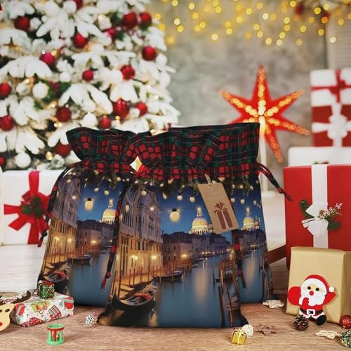 Geschenktüten mit Kordelzug, 21,6 x 30,6 cm, Weihnachts-Kordelzugtasche, Venedig bei Nacht, wiederverwendbar, Weihnachtsverpackungstasche für Party, Geschenktüten für Geschenke, Dekorationen, Urlaub