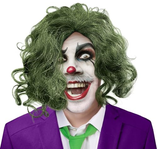 Clown Grün Perücke für Erwachsene Herren: Grün Crazy Clown Cosplay Lockig Synthetische Kurz Perücke Bösewicht Kostüm Zubehör für Halloween Karneval Kostümparty Party