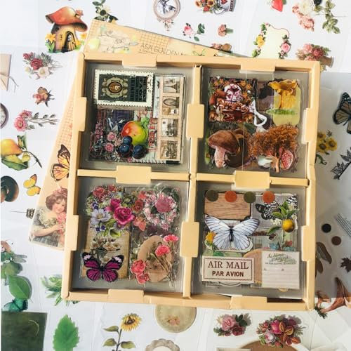Ta Merry Scrapbooking Zubehör Stickers Set,100 Blatt Pflanzen Sticker Set Vintage Bullet Journal Zubehör Sticker Aesthetic Scrapbook Stickers für Scrapbooking,Journaling Zubehör usw(Waldabenteuer)