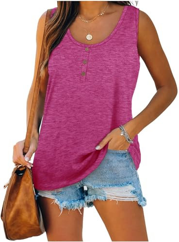 iChunhua Ladies Loose Long Vest Button Up Scoop Neck Summer Tank Tops Sleeveless Shirts Hot Pink XX-Large