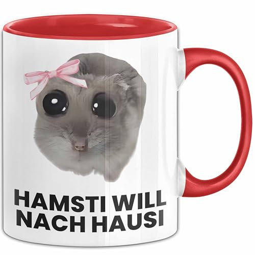 Sad Hamster Meme Lustige Tasse Hamsti Trauriger Hamster Büro Kaffee-Becher Hamsti Will Nach Hausi (Rot)