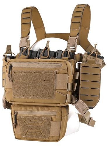 VOTAGOO GEAR Taktische Chest Rig - Paintball Taktische Weste, Molle Modular Micro Fight Plattenträger Brustschützer, Verstellbar und Abnehmbar, mit 5,56/7,62 Magazintasche (BROWN)