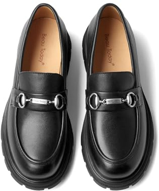 BEAU TODAY Klobige Loafer für Damen, Lack-Vollnarbenleder, bequeme Slip-on-Schuhe, modische Plateauschuhe, rutschfest, Business, Freizeit, Arbeit, Büro, quadratische Zehenpartie, Schwarz A, 38.5 EU