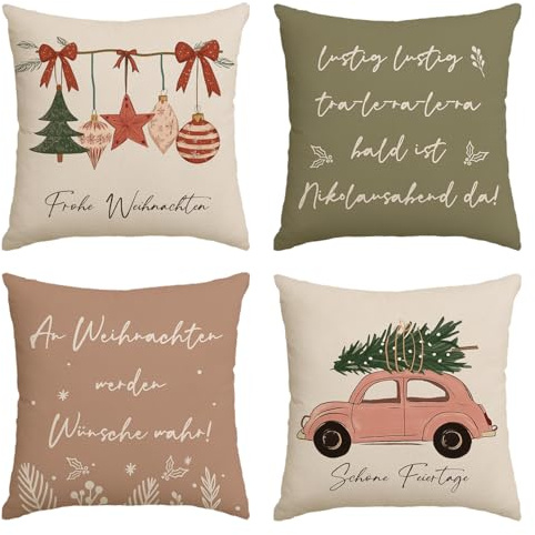 Artoid Mode Kugeln Baum Lastwagen Motto Schöne Feiertage Frohe Weihnachten Kissenbezüge 4er Set, 50x50 cm LKW Zierkissenbezug Cushion Cover Couch Deko