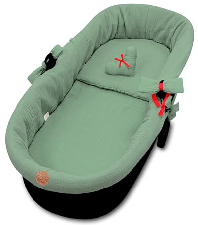 Stubenwagen Umrandung Musselin - Nestchen für Kinderwagen und Buggy Babybett Zubehör Babywanne und Kinderwagenzubehör Set 3-teilig Schonbezug mit Kissen und Einlage Grün