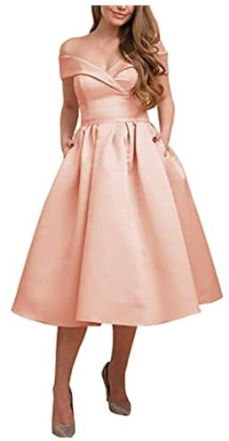 Stillluxury HC56A Robe de soirée mi-longue en satin à épaules dénudées avec poches pour femme, rose gold, 48