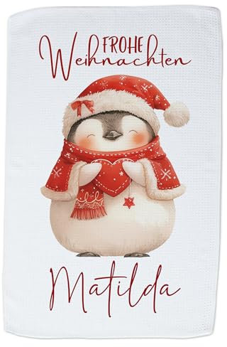 GRAZDesign Geschirrtuch zu Weihnachten personalisiert mit Namen Motiv Pinguin 60x40cm
