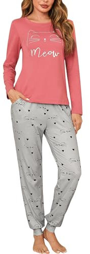 Sykooria Pyjama Femme Hiver Pyjama Femme Coton Vêtements de Nuit Femme à Manches Longues Col Rond Ensemble de Pyjama Pièces Doux et Confortable Rose+Gris XL