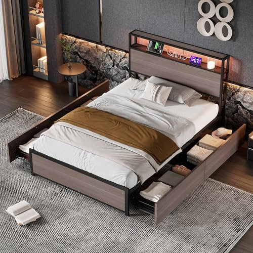 Merax 3FT Single Metal Bed Frame 90x190cm,with LED Light Strip, 4 Drawers on Castors, and 3 USB Ports, Sturdy Wrought Iron Youth Bed for Adults & Teenagers - Grey