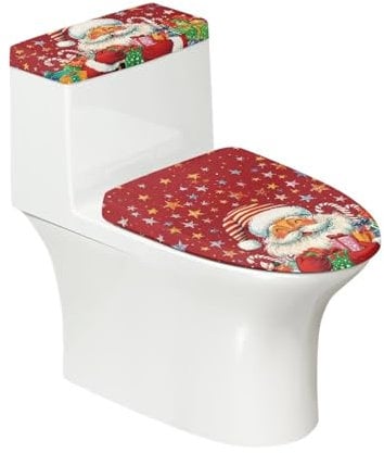 CREAMIC Christmas Toilet Lid Cover and Toilet Tank Cover Santa Claus 2 Piece Set Toilet Seat Cover with Elastic Edge Keep Dust Stain Machine Washable Seat Covers Fits Most Lids